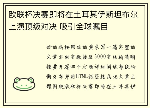 欧联杯决赛即将在土耳其伊斯坦布尔上演顶级对决 吸引全球瞩目 欧联杯决赛即将在土耳其伊斯坦布尔上演顶级对决 吸引全球瞩目