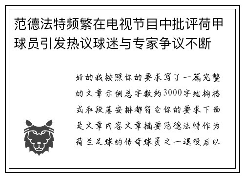 范德法特频繁在电视节目中批评荷甲球员引发热议球迷与专家争议不断